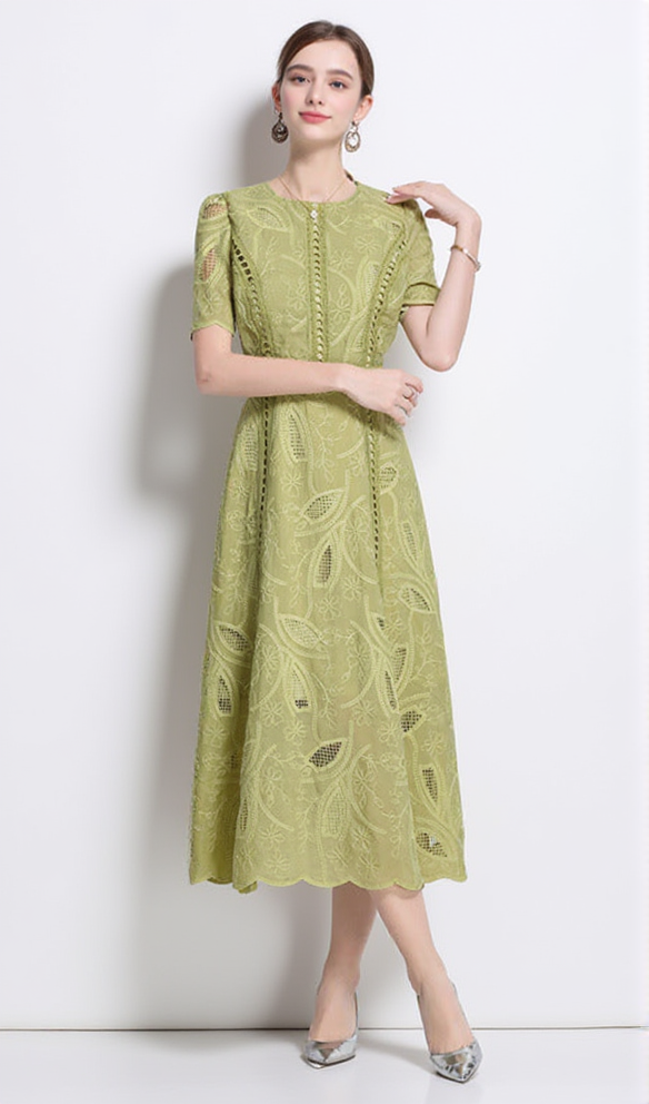 ABITO MIDI IN PIZZO RICAMO DANA HOLLOW VERDE