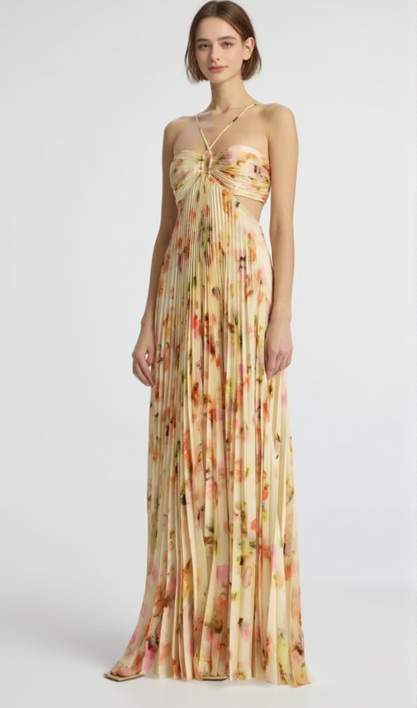 Candice – Plissiertes Maxikleid mit Blumenmuster in Gelb