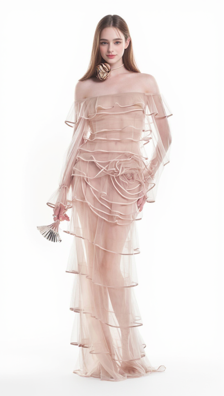 EUDORA FLORAL INSPIRED RUFFLE LAYER TULLE GOWN IN NUDE