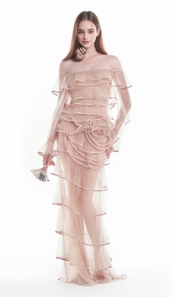 EUDORA FLORAL INSPIRED RUFFLE LAYER TULLE GOWN IN NUDE