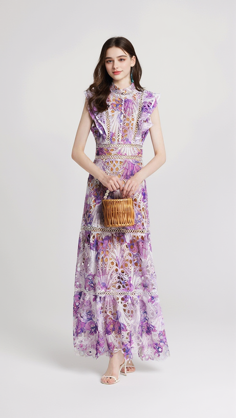 CHLOE HOLLOW OUT FLOWER EMBROIDERY MAXI DRESS IN PURPLE