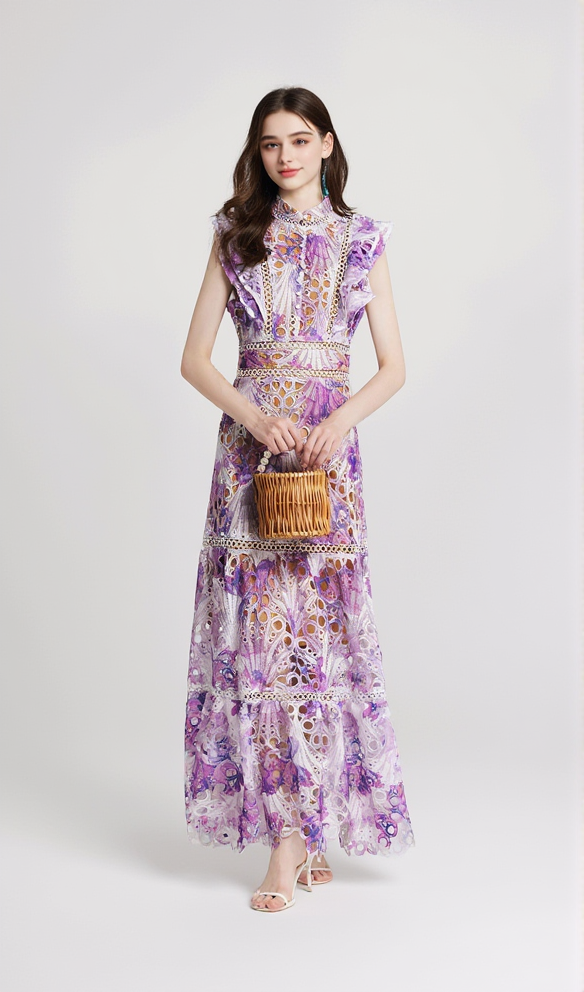 AIIZIE CHLOE HOLLOW OUT FLOWER EMBROIDERY MAXI DRESS IN PURPLE - product image