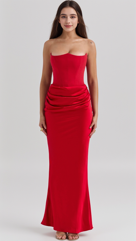 RED VELVET STRAPLESS CORSET MAXI DRESS