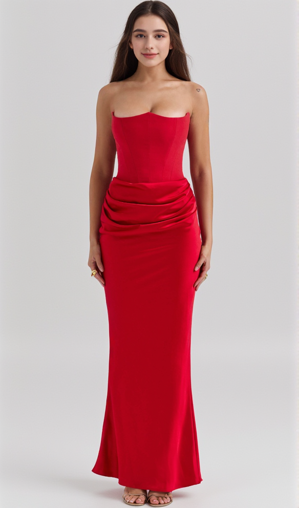 AIIZIE RED VELVET STRAPLESS CORSET MAXI DRESS - product image