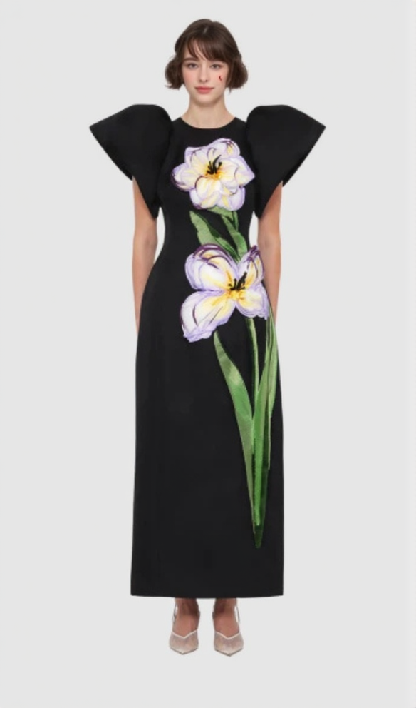 Iris Print Appliqué Floral Maxi Dress in Ebony
