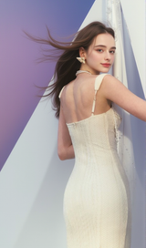 atalanta embellished flared midi dress in cream-white