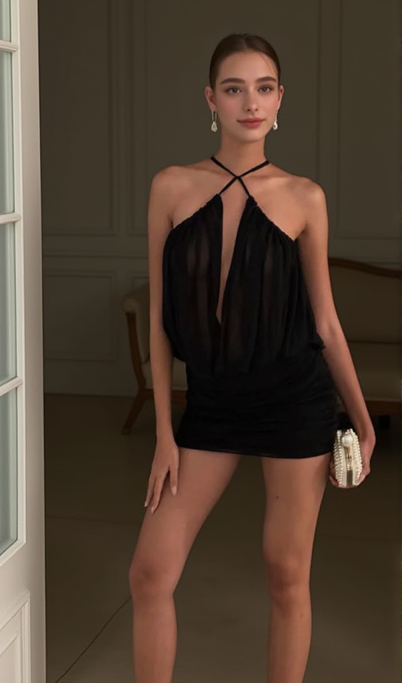 Cheryl – Gerafftes Neckholder-Minikleid mit figurbetontem Schnitt in Schwarz