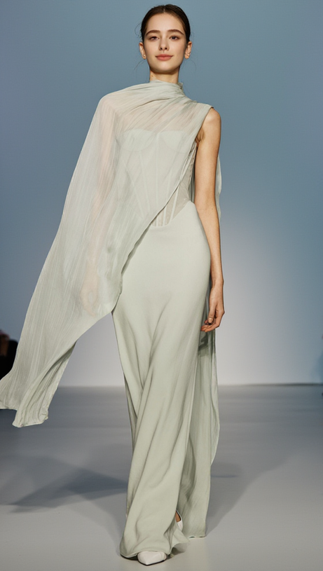 ANNA STRAPLESS  MESH SCARF CORSET MAXI DRESS IN GREEN