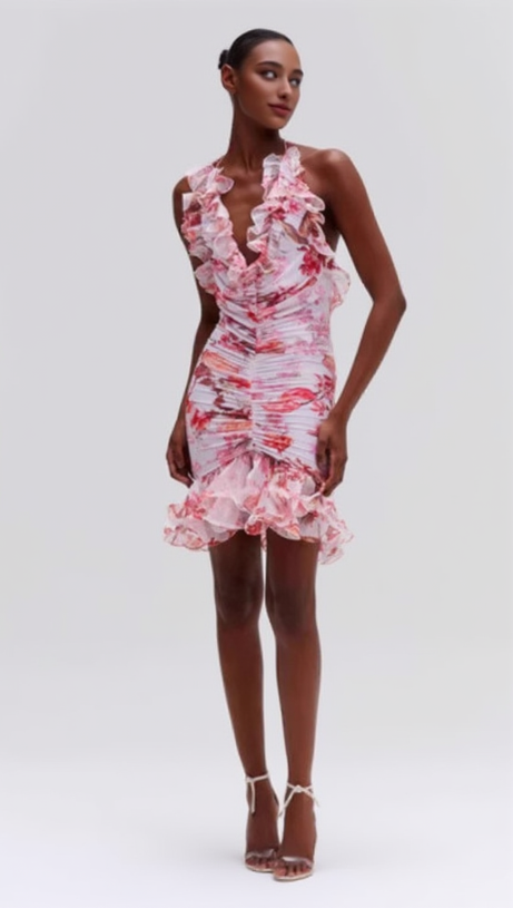 ARICES FLORAL STRETCH TULLE SLEEVELESS MINI DRESS