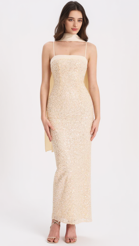 RAIZEL GOLD BEADED SEQUIN BODYCON GOWN WITH SCARF MAXI DRESS