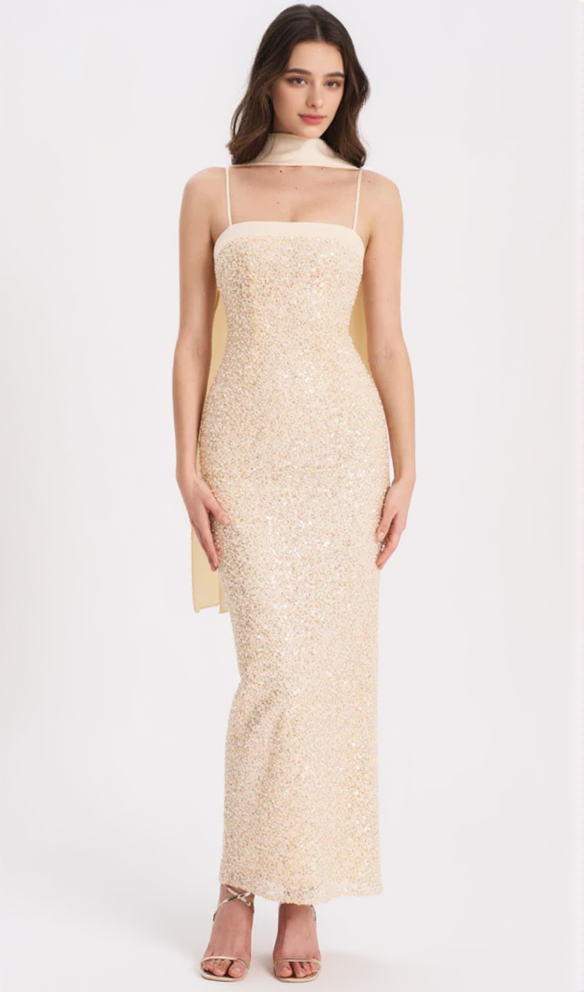 Raizel Gold Beaded Sequin Bodycon Gown with Scarf MAXI DRESS