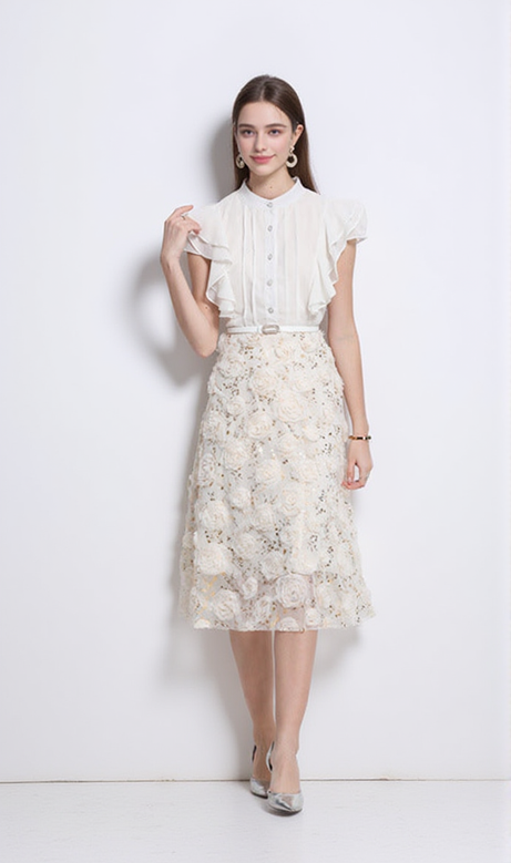 doris flower embellished ruffle sleeve midi dress in apricot