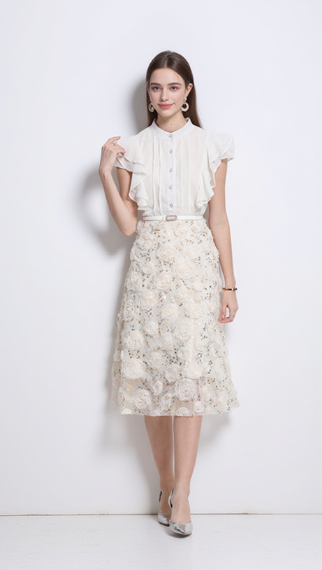 DORIS FLOWER EMBELLISHED RUFFLE SLEEVE MIDI DRESS IN APRICOT