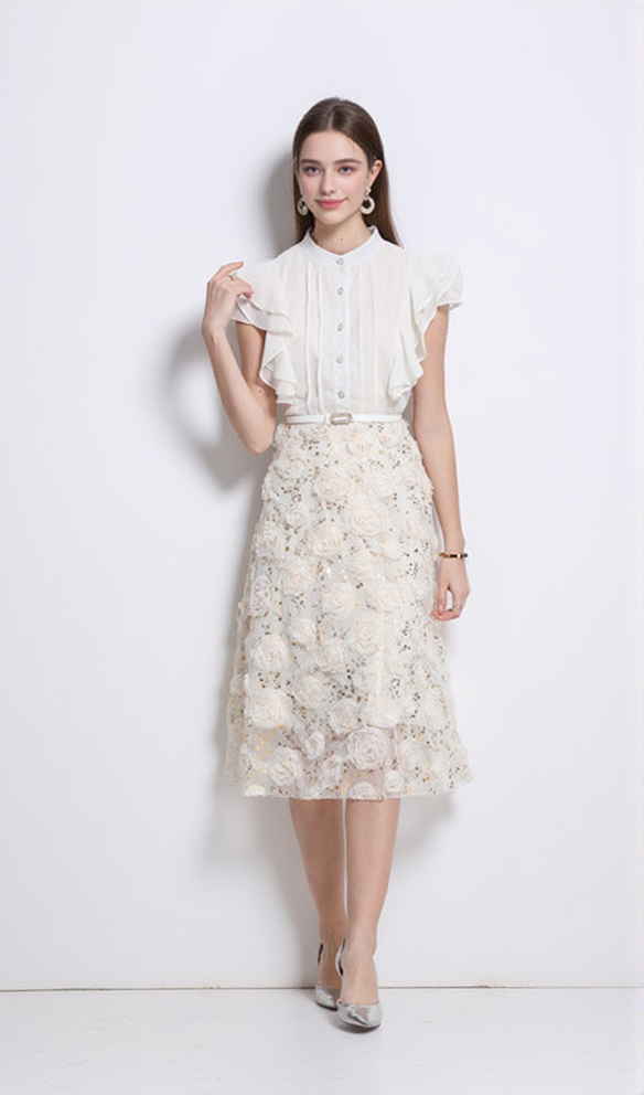 DORIS FLOWER EMBELLISHED RUFFLE SLEEVE MIDI DRESS IN APRICOT