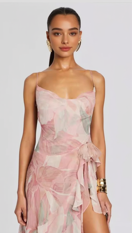 ARES FLORAL-PRINT RUFFLED SILK MIDI DRESS IN PINK