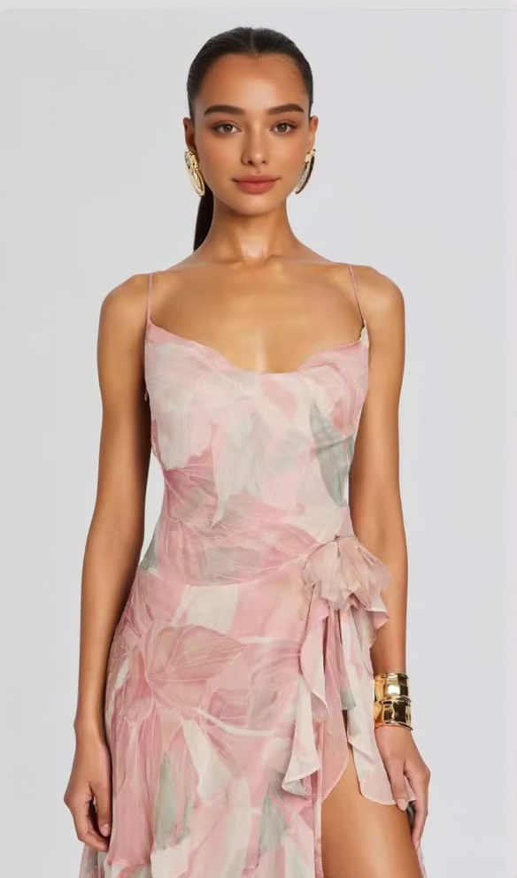 AIIZIE ARES FLORAL-PRINT RUFFLED SILK MIDI DRESS IN PINK - product image