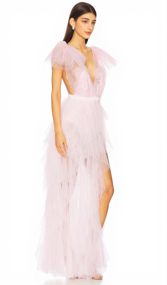 AIIZIE RUFFLE TULLE ATOP FLORAL LACE MINI DRESS IN PINK - product image