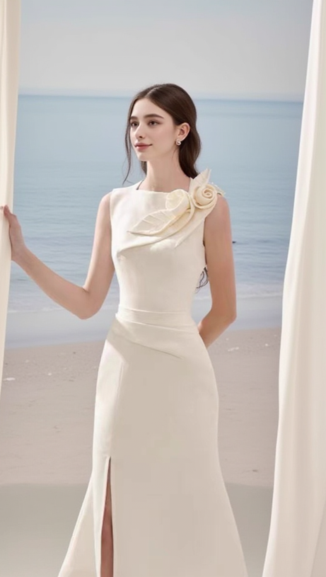 ALANI FLOWER SLIM SPLIT MIDI DRESS IN APRICOT