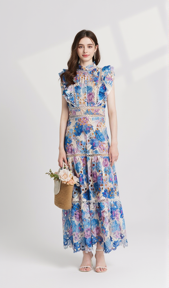 chloe hollow out flower embroidery maxi dress in blue