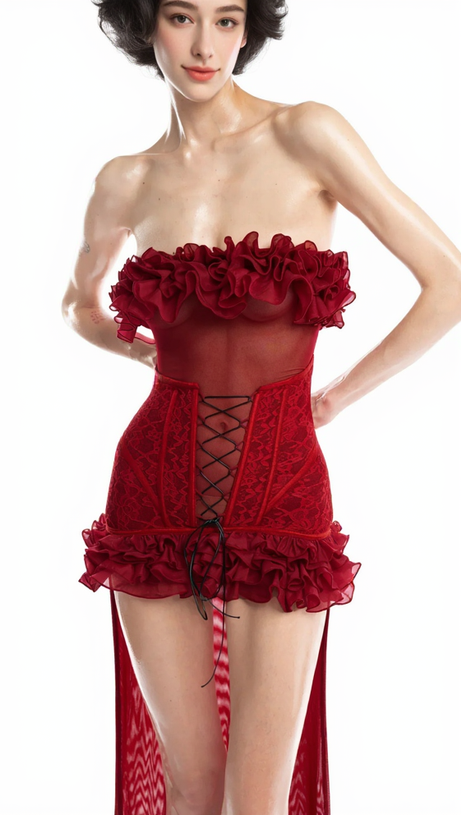 ANNA 3D FLOWER LACE STRAPLESS MINI DRESS IN RED