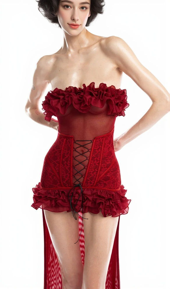 ANNA 3D FLOWER LACE STRAPLESS MINI DRESS IN RED