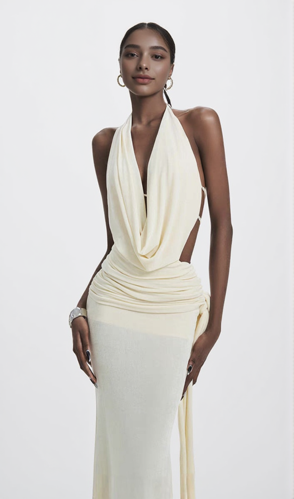 CAROL RUCHED HALTER BODYCON MAXI DRESS IN WHITE