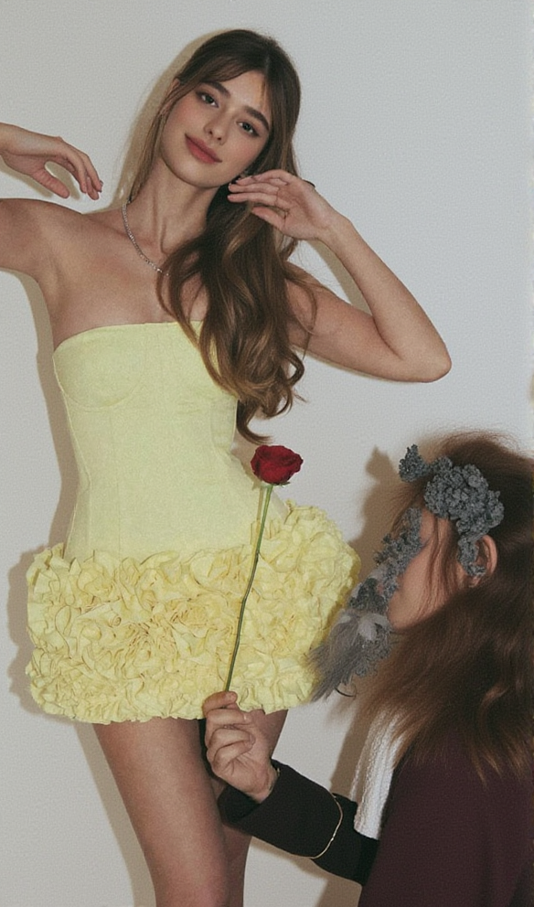 AIIZIE AMY FLOWER EMBELLISHED MINI SKIRT CORSET SET IN YELLOW - product image
