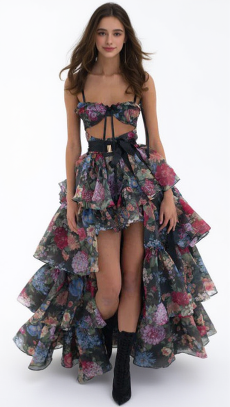 CARLIN FLORAL PRINT CUTOUT LAYER MAXI DRESS