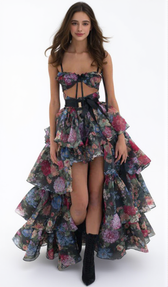 CARLIN FLORAL PRINT CUTOUT LAYER MAXI DRESS