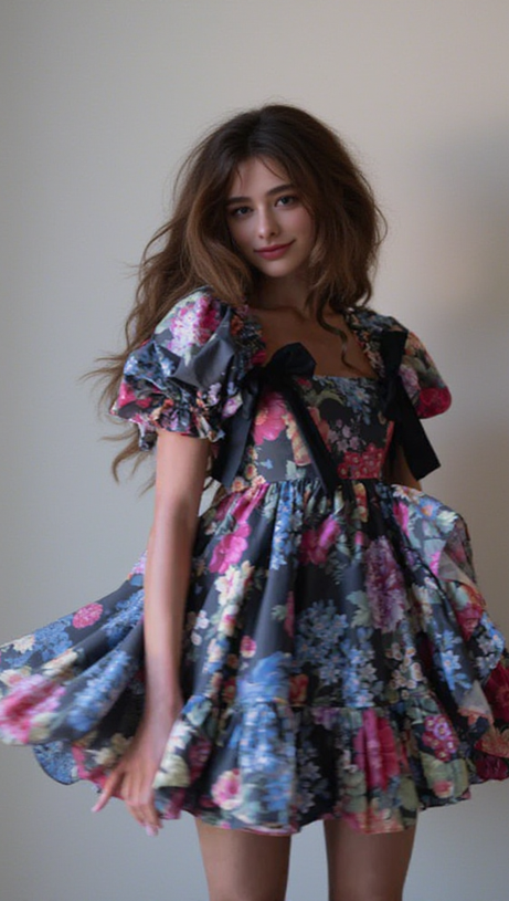 BASIA FLORAL PRINT RUFFLE TRIM HEM PUFF MINI DRESS