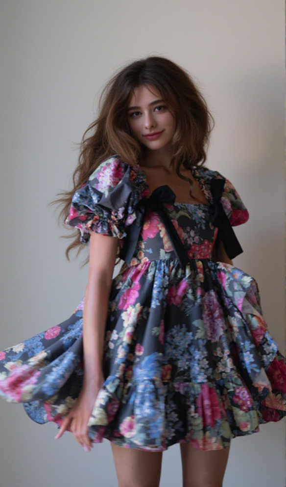 AIIZIE BASIA FLORAL PRINT RUFFLE TRIM HEM PUFF MINI DRESS - product image