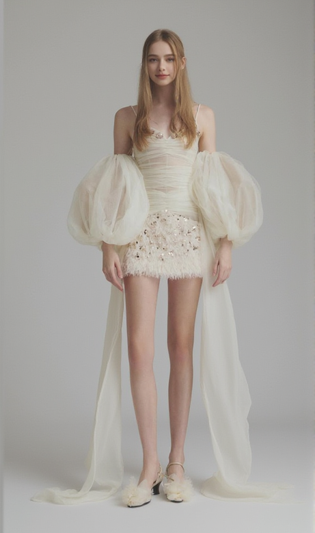 Sequined embellished organza mini dress in white