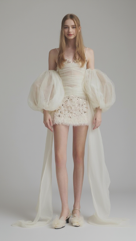 SEQUINED EMBELLISHED ORGANZA MINI DRESS IN WHITE