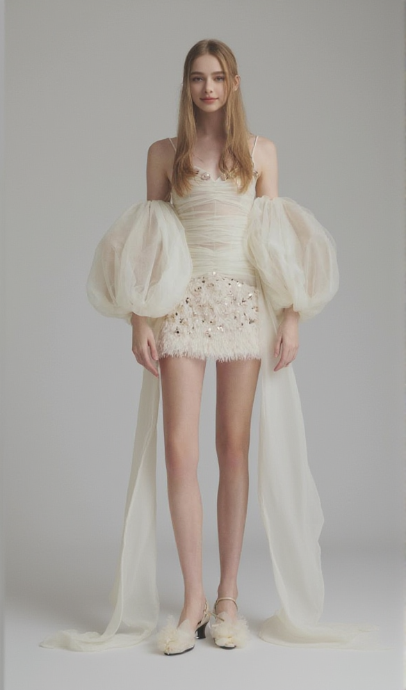 Paillettenverziertes Organza-Minikleid in Weiß