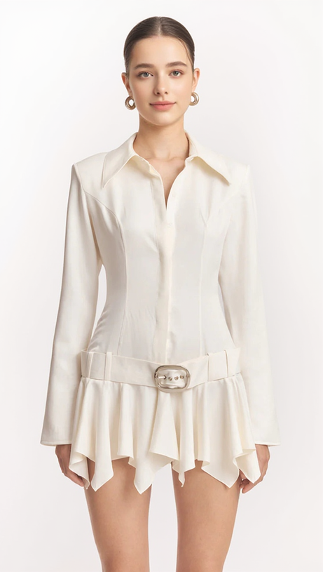 DINAH UMBRELLA TAIL HEM SHIRT MINI DRESS IN WHITE