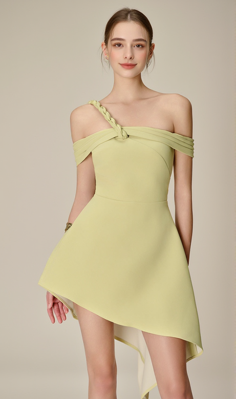 anila Asymmetric Off-Shoulder Mini Dress in Nuggets Green