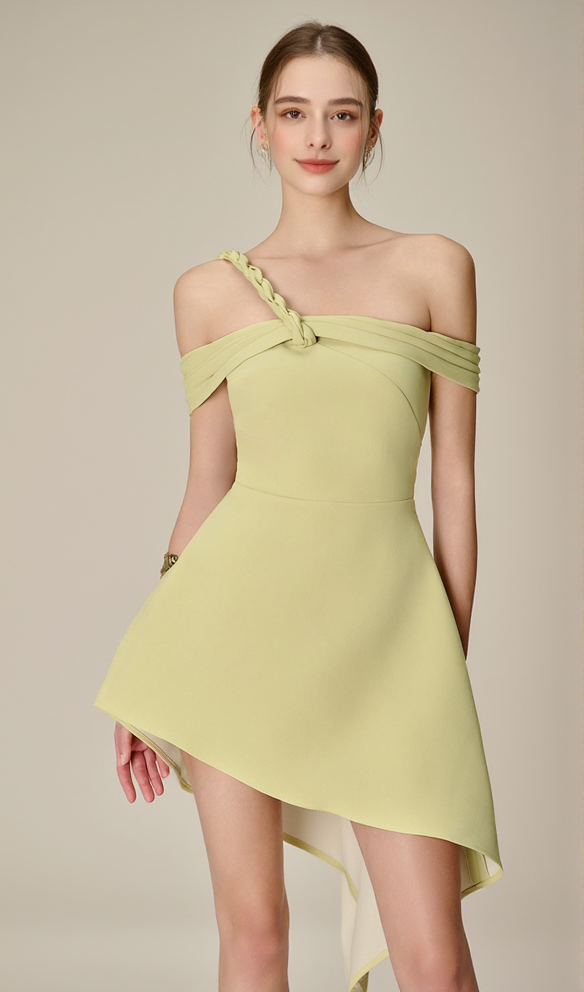ANILA ASYMMETRIC OFF-SHOULDER MINI DRESS IN NUGGETS GREEN