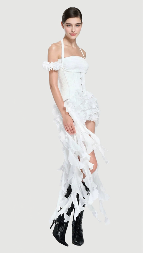 ELVA MINI ABITO CON SCOLLO A V, FIORI TRIDIMENSIONALI E NAPPE IRREGOLARI IN BIANCO