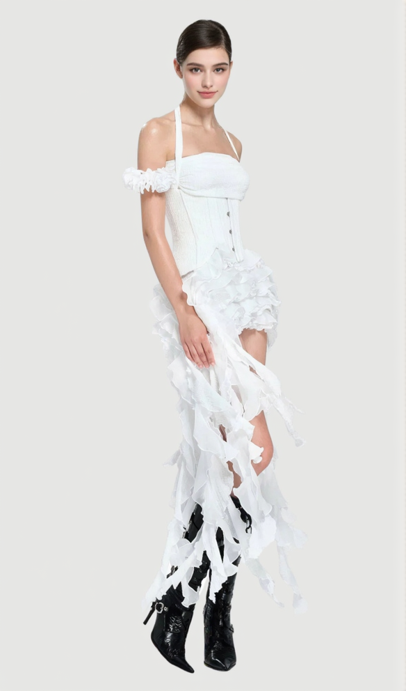 AIIZIE ELVA HALTER THREE-DIMENSIONAL FLOWER IRREGULAR TASSEL MINI DRESS IN WHITE - product image