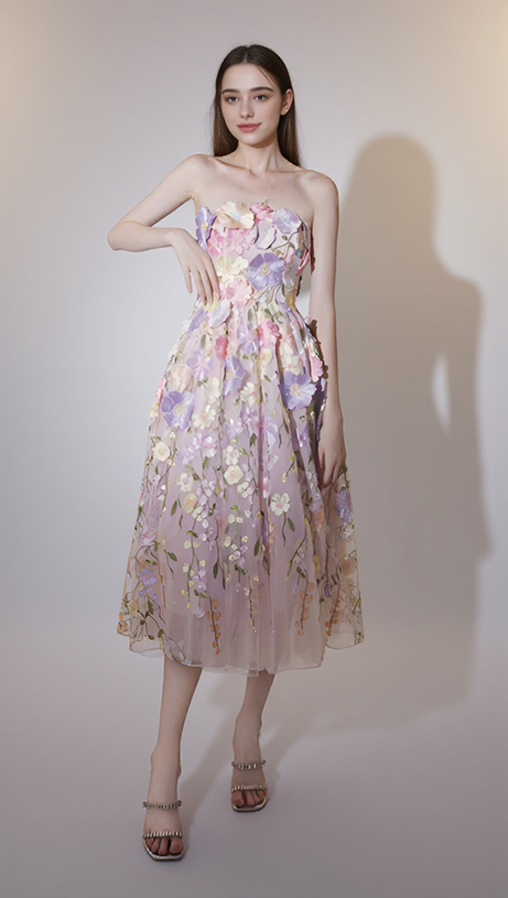 ANNA FLORAL EMBROIDERY MIDI DRESS IN PASTEL PINK