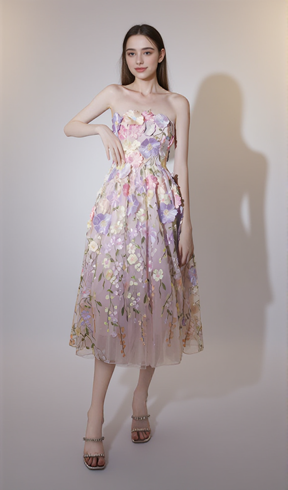 ANNA FLORAL EMBROIDERY MIDI DRESS IN PASTEL PINK