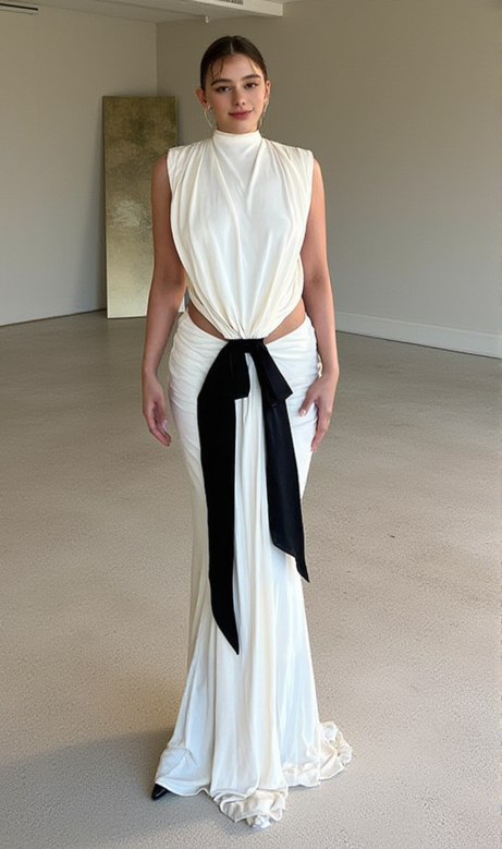 bernice Bow Patch Cut Backless Maxi Dress in white