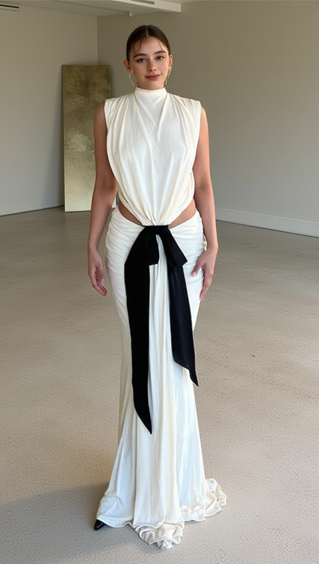 BERNICE BOW PATCH CUT BACKLESS MAXI DRESS IN WHITE