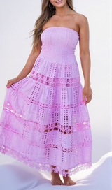 Halter neck elastic chest lace patchwork  maxi dress in pink