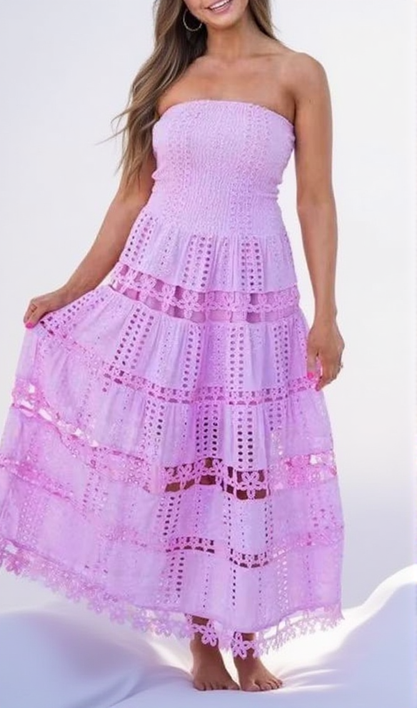 Halter neck elastic chest lace patchwork  maxi dress in pink