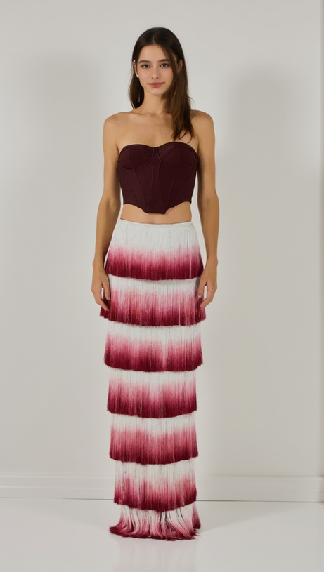 STRAPLESS TASSEL TWO PIECE MAXI DRESS BURGUNDY
