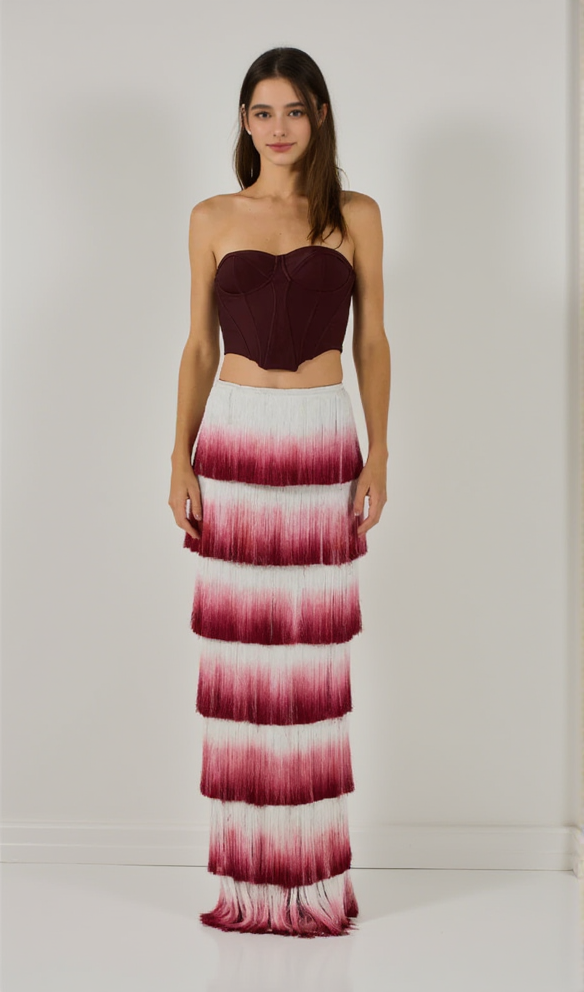 STRAPLESS TASSEL TWO PIECE MAXI DRESS BURGUNDY