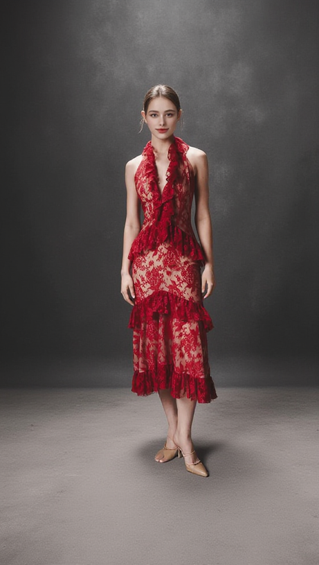 BACKLESS LACE RUFFLED HALTER NECK RED MIDI DRESS