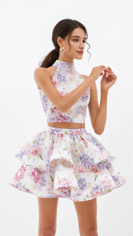 JESSICA PRINTED BACKLESS HALTER TOP SKIRT SET IN PINK