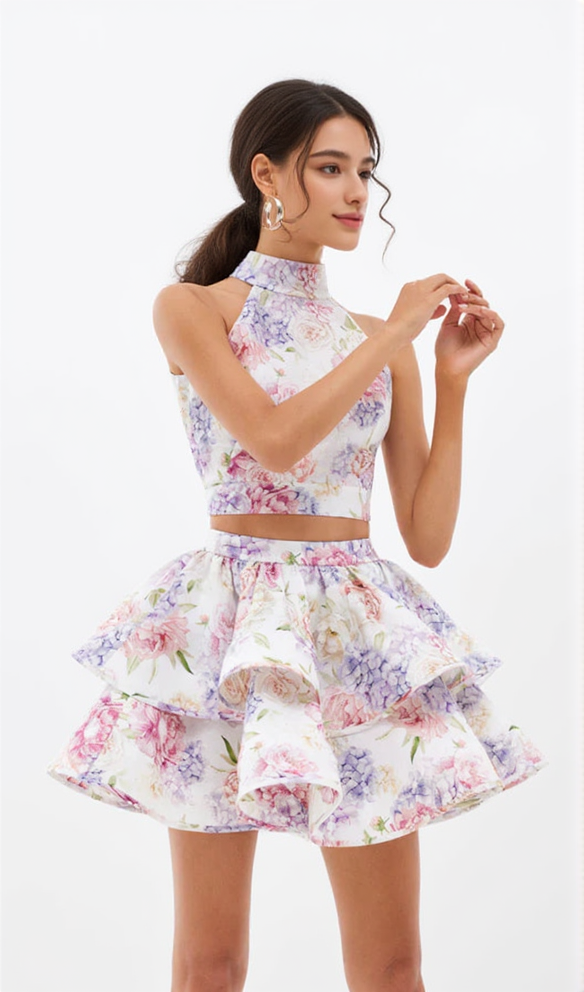AIIZIE JESSICA PRINTED BACKLESS HALTER TOP SKIRT SET IN PINK - product image